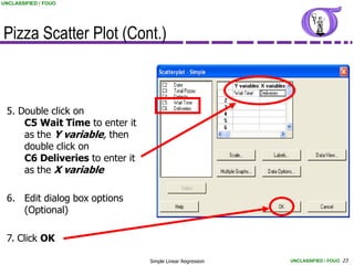 UNCLASSIFIED / FOUO




Pizza Scatter Plot (Cont.)



 5. Double click on
     C5 Wait Time to enter it
     as the Y variable, then
     double click on
     C6 Deliveries to enter it
     as the X variable

 6. Edit dialog box options
    (Optional)

 7. Click OK

                                 Simple Linear Regression   UNCLASSIFIED / FOUO 23
 