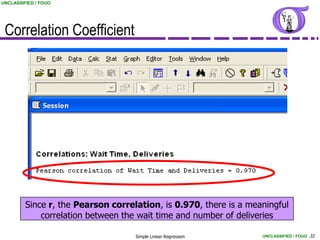 UNCLASSIFIED / FOUO




 Correlation Coefficient




         Since r, the Pearson correlation, is 0.970, there is a meaningful
             correlation between the wait time and number of deliveries

                                    Simple Linear Regression       UNCLASSIFIED / FOUO 32
 