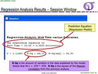 UNCLASSIFIED / FOUO




Regression Analysis Results – Session Window


                                                                   Prediction Equation
                                                                   (Regression Model)




              R-Sq is the amount of variation in the data explained by the model.
              Notice that 94.1 = .970 * .970. R-Sq is the square of the Pearson
                            correlation from the previous analysis.
                                        Simple Linear Regression            UNCLASSIFIED / FOUO 40
 