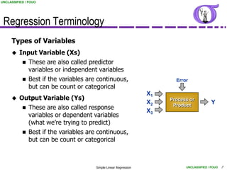 UNCLASSIFIED / FOUO




 Regression Terminology
     Types of Variables
         Input Variable (Xs)
            These are also called predictor
             variables or independent variables
            Best if the variables are continuous,                      Error
             but can be count or categorical
                                                                 X1
         Output Variable (Ys)                                        Process or
                                                                 X2                        Y
            These are also called response
                                                                       Product
                                                                 X3
             variables or dependent variables
             (what we’re trying to predict)
            Best if the variables are continuous,
             but can be count or categorical



                                      Simple Linear Regression              UNCLASSIFIED / FOUO   7
 