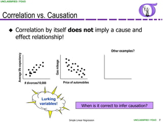 UNCLASSIFIED / FOUO




 Correlation vs. Causation
          Correlation by itself does not imply a cause and
           effect relationship!

                                                                                                         Other examples?
             Average life expectancy




                                                           Gas mileage




                                       # divorces/10,000                 Price of automobiles




                                                   Lurking
                                                  variables!
                                                                                        When is it correct to infer causation?


                                                                             Simple Linear Regression                  UNCLASSIFIED / FOUO   9
 