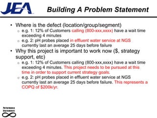 Building A Problem Statement

• Where is the defect (location/group/segment)
   o e.g. 1: 12% of Customers calling (800-xxx,xxxx) have a wait time
     exceeding 4 minutes
   o e.g. 2: pH probes placed in effluent water service at NGS
     currently last an average 25 days before failure
• Why this project is important to work now ($, strategy
  support, etc)
   o e.g. 1: 12% of Customers calling (800-xxx,xxxx) have a wait time
     exceeding 4 minutes. This project needs to be pursued at this
     time in order to support current strategy goals.
   o e.g. 2: pH probes placed in effluent water service at NGS
     currently last an average 25 days before failure. This represents a
     COPQ of $200k/yr.
 