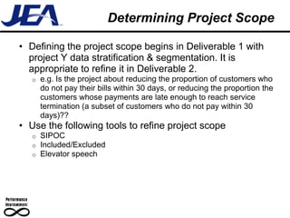 Determining Project Scope

• Defining the project scope begins in Deliverable 1 with
  project Y data stratification & segmentation. It is
  appropriate to refine it in Deliverable 2.
   o   e.g. Is the project about reducing the proportion of customers who
       do not pay their bills within 30 days, or reducing the proportion the
       customers whose payments are late enough to reach service
       termination (a subset of customers who do not pay within 30
       days)??
• Use the following tools to refine project scope
   o   SIPOC
   o   Included/Excluded
   o   Elevator speech
 