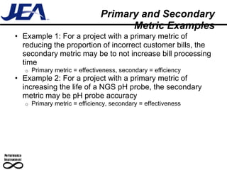 Primary and Secondary
                                     Metric Examples
• Example 1: For a project with a primary metric of
  reducing the proportion of incorrect customer bills, the
  secondary metric may be to not increase bill processing
  time
   o   Primary metric = effectiveness, secondary = efficiency
• Example 2: For a project with a primary metric of
  increasing the life of a NGS pH probe, the secondary
  metric may be pH probe accuracy
   o   Primary metric = efficiency, secondary = effectiveness
 