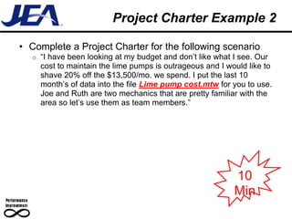 Project Charter Example 2

• Complete a Project Charter for the following scenario
   o   “I have been looking at my budget and don’t like what I see. Our
       cost to maintain the lime pumps is outrageous and I would like to
       shave 20% off the $13,500/mo. we spend. I put the last 10
       month’s of data into the file Lime pump cost.mtw for you to use.
       Joe and Ruth are two mechanics that are pretty familiar with the
       area so let’s use them as team members.”




                                                             10
                                                             Min
 