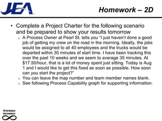 Homework – 2D

• Complete a Project Charter for the following scenario
  and be prepared to show your results tomorrow
   o A Process Owner at Pearl St. tells you “I just haven’t done a good
     job of getting my crew on the road in the morning. Ideally, the jobs
     would be assigned to all 40 employees and the trucks would be
     departed within 30 minutes of start time. I have been tracking this
     over the past 10 weeks and we seem to average 35 minutes. At
     $17.50/hour, that is a lot of money spent just sitting. Today is Aug
     1 and I would like to get this fixed as soon as possible. How soon
     can you start the project?”
   o You can leave the map number and team member names blank.
   o See following Process Capability graph for supporting information.
 