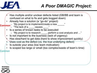 A Poor DMAGIC Project:
   • Has multiple and/or unclear defects listed (GB/BB and team is
     confused on what to fix and gets bogged down)
   • Already has a solution (a “go-do” project)
         o   “My project is to implement/create a new _____”
Common
         o   “The lack of a ____ causes ____”
   • Is a series of known tasks to be executed
         o   “My project is to research ____, perform a cost analysis and …”
   •   Is not important to the business (lack of urgency)
   •   Has slow/hard to get data (hard to show improvement quickly)
   •   Uses cost as the defect (vs. the true underlying defect)
   •   Is outside your area (low team motivation)
   •   Is scoped too large or small (too complex/waste of team’s time)
Common
 