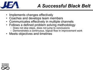 A Successful Black Belt Implements changes effectively Coaches and develops team members Communicates effectively in multiple channels Follows a defined problem solving methodology Does not skip steps, does not jump to conclusions Demonstrates a continuous, logical flow in improvement work Meets objectives and timelines 