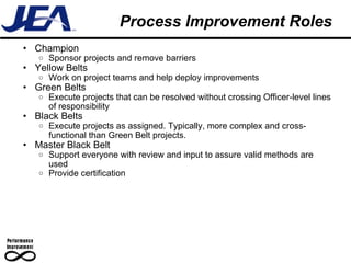 Process Improvement Roles Champion Sponsor projects and remove barriers Yellow Belts Work on project teams and help deploy improvements Green Belts Execute projects that can be resolved without crossing Officer-level lines of responsibility Black Belts Execute projects as assigned. Typically, more complex and cross-functional than Green Belt projects.  Master Black Belt Support everyone with review and input to assure valid methods are used Provide certification 