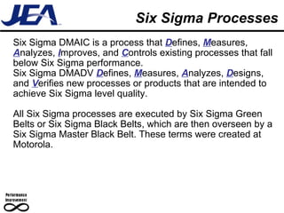 Six Sigma Processes Six Sigma DMAIC is a process that  D efines,  M easures,  A nalyzes,  I mproves, and  C ontrols existing processes that fall below Six Sigma performance.  Six Sigma DMADV  D efines,  M easures,  A nalyzes,  D esigns, and  V erifies new processes or products that are intended to achieve Six Sigma level quality.  All Six Sigma processes are executed by Six Sigma Green Belts or Six Sigma Black Belts, which are then overseen by a Six Sigma Master Black Belt. These terms were created at Motorola.  