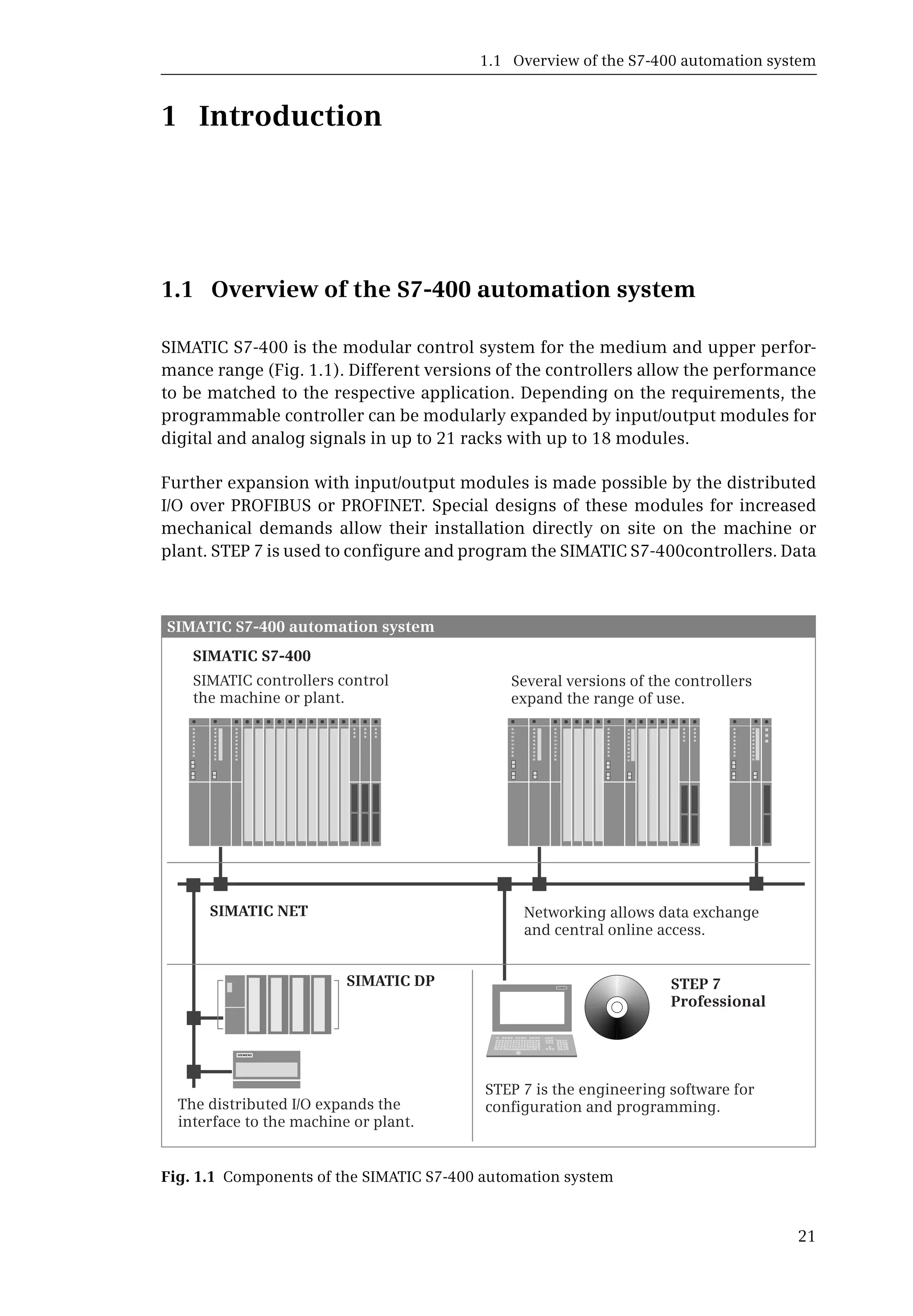 1.1 Overview of the S7-400 automation system
21
1 Introduction
1.1 Overview of the S7-400 automation system
SIMATIC S7-400 is the modular control system for the medium and upper perfor-
mance range (Fig. 1.1). Different versions of the controllers allow the performance
to be matched to the respective application. Depending on the requirements, the
programmable controller can be modularly expanded by input/output modules for
digital and analog signals in up to 21 racks with up to 18 modules.
Further expansion with input/output modules is made possible by the distributed
I/O over PROFIBUS or PROFINET. Special designs of these modules for increased
mechanical demands allow their installation directly on site on the machine or
plant. STEP 7 is used to configure and program the SIMATIC S7-400controllers. Data
Fig. 1.1 Components of the SIMATIC S7-400 automation system
SIMATIC NET
SIMATIC DP STEP 7
Professional
S
S
SIMATIC S7-400 automation system
SIMATIC S7-400
 