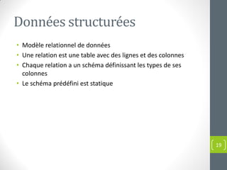 Données structurées
• Modèle relationnel de données
• Une relation est une table avec des lignes et des colonnes
• Chaque relation a un schéma définissant les types de ses
colonnes
• Le schéma prédéfini est statique
19
 