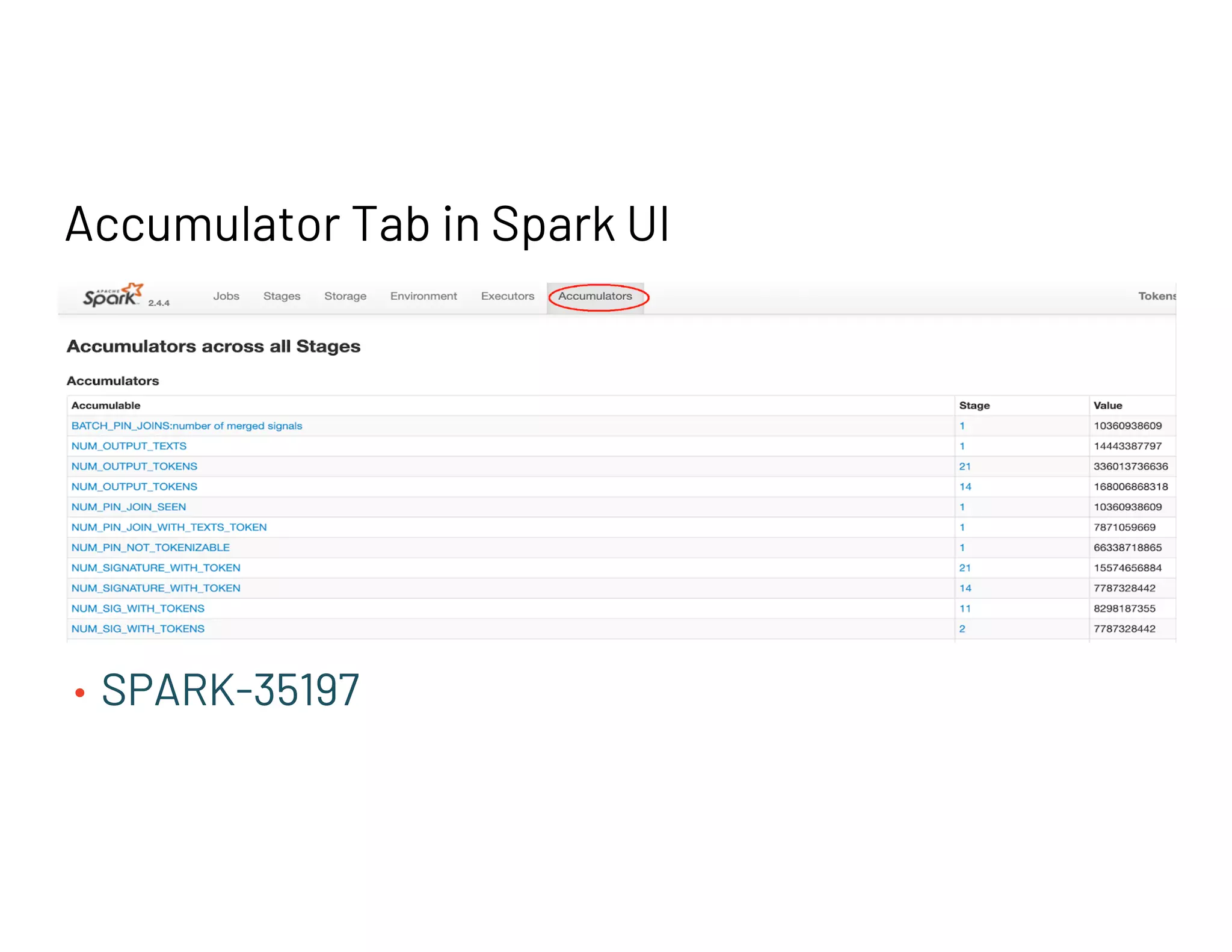 Accumulator Tab in Spark UI
• SPARK-35197
 
