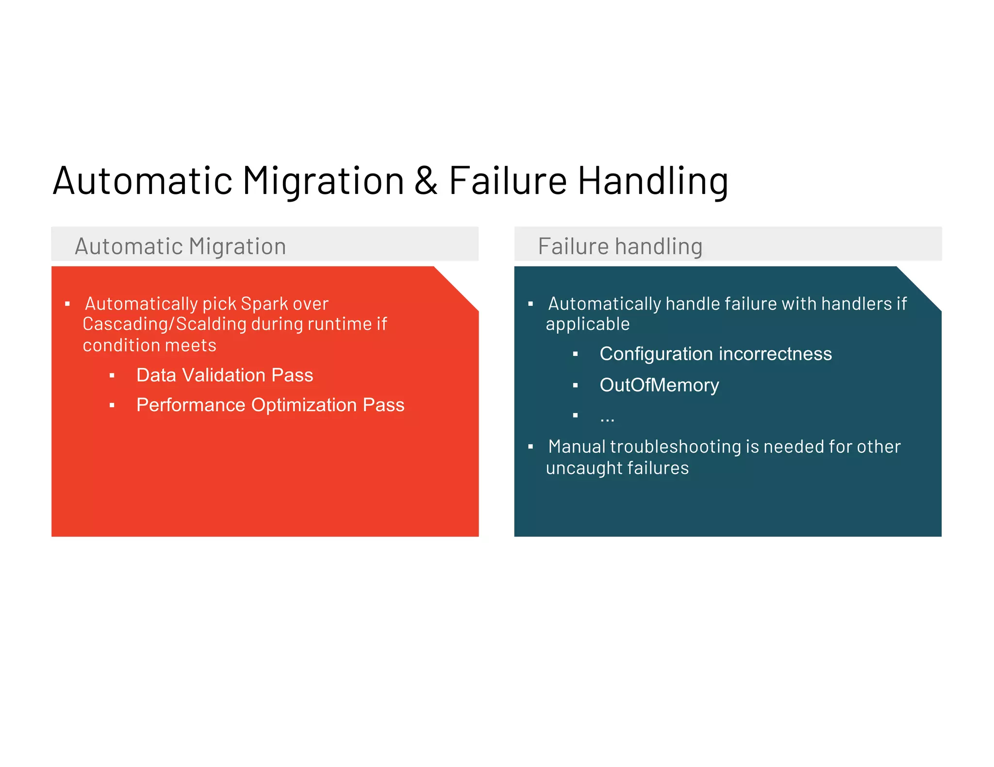 ▪ Automatically pick Spark over
Cascading/Scalding during runtime if
condition meets
▪ Data Validation Pass
▪ Performance Optimization Pass
▪ Automatically handle failure with handlers if
applicable
▪ Configuration incorrectness
▪ OutOfMemory
▪ ...
▪ Manual troubleshooting is needed for other
uncaught failures
Failure handling
Automatic Migration
Automatic Migration & Failure Handling
 