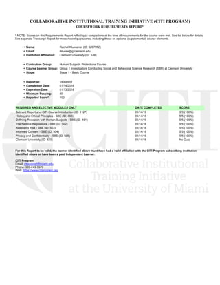 COLLABORATIVE INSTITUTIONAL TRAINING INITIATIVE (CITI PROGRAM)
COURSEWORK REQUIREMENTS REPORT*
* NOTE: Scores on this Requirements Report reflect quiz completions at the time all requirements for the course were met. See list below for details.
See separate Transcript Report for more recent quiz scores, including those on optional (supplemental) course elements.
•  Name: Rachel Kluesener (ID: 5297052)
•  Email: rkluese@g.clemson.edu
•  Institution Affiliation: Clemson University (ID: 539)
•  Curriculum Group: Human Subjects Protections Course
•  Course Learner Group: Group 1 Investigators Conducting Social and Behavioral Science Research (SBR) at Clemson University
•  Stage: Stage 1 - Basic Course
•  Report ID: 18368951
•  Completion Date: 01/14/2016
•  Expiration Date: 01/13/2018
•  Minimum Passing: 80
•  Reported Score*: 100
REQUIRED AND ELECTIVE MODULES ONLY DATE COMPLETED SCORE
Belmont Report and CITI Course Introduction (ID: 1127)  01/14/16 3/3 (100%) 
History and Ethical Principles - SBE (ID: 490)  01/14/16 5/5 (100%) 
Defining Research with Human Subjects - SBE (ID: 491)  01/14/16 5/5 (100%) 
The Federal Regulations - SBE (ID: 502)  01/14/16 5/5 (100%) 
Assessing Risk - SBE (ID: 503)  01/14/16 5/5 (100%) 
Informed Consent - SBE (ID: 504)  01/14/16 5/5 (100%) 
Privacy and Confidentiality - SBE (ID: 505)  01/14/16 5/5 (100%) 
Clemson University (ID: 823)  01/14/16 No Quiz 
For this Report to be valid, the learner identified above must have had a valid affiliation with the CITI Program subscribing institution
identified above or have been a paid Independent Learner. 
CITI Program
Email: citisupport@miami.edu
Phone: 305-243-7970
Web: https://www.citiprogram.org
 
