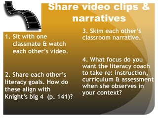 Share video clips &
narratives
1. Sit with one
classmate & watch
each other’s video.
2. Share each other’s
literacy goals. How do
these align with
Knight’s big 4 (p. 141)?
3. Skim each other’s
classroom narrative.
4. What focus do you
want the literacy coach
to take re: instruction,
curriculum & assessment
when she observes in
your context?
 