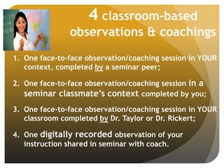 4 classroom-based
observations & coachings
1. One face-to-face observation/coaching session in YOUR
context, completed by a seminar peer;
2. One face-to-face observation/coaching session in a
seminar classmate’s context completed by you;
3. One face-to-face observation/coaching session in YOUR
classroom completed by Dr. Taylor or Dr. Rickert;
4. One digitally recorded observation of your
instruction shared in seminar with coach.
 