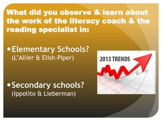 What did you observe & learn about
the work of the literacy coach & the
reading specialist in:
Elementary Schools?
(L’Allier & Elish-Piper)
Secondary schools?
(Ippolito & Lieberman)
 
