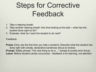 Steps for Corrective
Feedback
1. Take a relaxing breath
2. Take another relaxing breath: this time looking at the task – what has the
student done right so far?
3. Evaluate: what do I want the student to do next?
Feedback:
Praise (Only use the first time you help a student): Describe what the student has
done right with simple, declarative sentences (focus & review)
Prompt: Safety phrase “The next thing to do is…” (simple & avoids error focus)
Leave: Before student carries out prompt – feedback is for learning, not attention
 