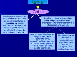 tema
                                Galiza
Desde o punto de vista do
seu pasado histórico. Nel é
                  rico                       Desde o punto de vista da clase
 de crucial impor tancia a                   social fidalga, que debería ser a
                                                    fidalga
   ldade Media, e así o
          Media                            encargada de rexenerar económica e
demostra en A romería de                        ideoloxicamente Gali cia.
 XeImírez (1934) centrada
  no século XII arredor do
arcebispo Diego Xelmírez.
                              Ante a imposibilidade de se
                                                             Melancolicamente
                                  chegar a isto, Otero
                                                                 describe o
                                   Pedrayo fai unha,
                                                               ascenso dunha
                              descrición crítica e saudosa
                                                              nova clase social
                               sobre a fidalguía galega e
                                                                 foránea, a
                                sobre a súa decadencia,
                                                               burguesía que
                                  moral e económica.
                                                             castelaniza o país.
 
