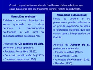 O resto da producción narrativa de don Ramón pódese relacionar con
     estas dúas obras polo seu tratamento literario: realista ou culturalista.

                                                    Narracións culturalistas:
      Narracións realistas:
                                                 Nelas as accións e os
Relatan con visión obxectiva, ás
                                                 personaxes perden relevancia
veces      quebrada     con      xuízos
                                                 en prol da exposición de ideas
persoais        e      preocupacións
                                                 e referencias culturais, que son
doutrinarias,   a     vida    rural   da
                                                 claves para a interpretación de
sociedade galega do século XIX.
                                                 Galicia.

 Ademais de Os camiños da vida,
                           vida                  Ademais de Arredor de si,   si
pertencen a este apartado:                       pertencen a este ciclo:
• Pantelas, home libre (1925).                   • Escrito na néboa (1927)
• Contos do camiño e da rúa (1932)               • Fra Vernero (1934).
• O mesón dos ermos (1936)                       • A romaría de Xelmírez (1934).
                                                 • Devalar (1935).
 