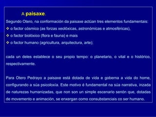 A paisaxe.
Segundo Otero, na conformación da paisaxe actúan tres elementos fundamentais:
  o factor cósmico (as forzas xeolóxicas, astronómicas e atmosféricas),
  o factor biolóxico (flora e fauna) e mais
  o factor humano (agricultura, arquitectura, arte);


cada un deles establece o seu propio tempo: o planetario, o vital e o histórico,
respectivamente.


Para Otero Pedrayo a paisaxe está dotada de vida e goberna a vida do home,
configurando a súa psicoloxía. Este motivo é fundamental na súa narrativa, inzada
de naturezas humanizadas, que non son un simple escenario senón que, dotadas
de movemento e animación, se enxergan como consubstanciais co ser humano.
 