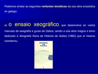 Podemos sinalar as seguintes vertentes temáticas da súa obra ensaística
en galego:




a)   o ensaio xeográfico,                   que desenvolve en varios

manuais de xeografía e guías de Galiza, sendo a súa obra magna o tomo
dedicado á Xeografía física da Historia de Galiza (1962) que el mesmo
coordenou.
 