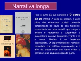 Narrativa longa
         Pero o cume da súa narrativa é              O porco
         de pé (1928). A xeito de parodia, é unha
         sátira    das   estructuras       sociais    ourensás
         personificada na figura de don Celidonio,
         comerciante de orixe castelá que chega a
         alcalde    e    representa    a      vulgaridade     e
         materialismo da nova burguesía. Fronte a el,
         o   doutor      Alveiros      é     un      intelectual
         espiritualista. O experimentalismo narrativo,
         vencellado coa estética expresionista, e o
         afán de presentación das ideas dilúen a
         narración, que ocupa un segundo plano.
 