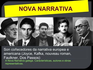 Son coñecedores da narrativa europea e americana (Joyce, Kafka, nouveau roman, Faulkner, Dos Passos) NOVA NARRATIVA  A Nova Narrativa galega. Características, autores e obras representativas.  