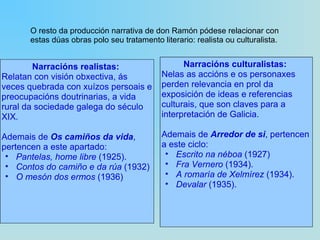 O resto da producción narrativa de don Ramón pódese relacionar con estas dúas obras polo seu tratamento literario: realista ou culturalista. Narracións realistas:  Relatan con visión obxectiva, ás veces quebrada con xuízos persoais e preocupacións doutrinarias, a vida rural da sociedade galega do século XIX. Ademais de  Os camiños da vida , pertencen a este apartado: Pantelas, home libre  (1925).  Contos do camiño e da rúa  (1932)  O mesón dos ermos  (1936) Narracións culturalistas:   Nelas as accións e os personaxes perden relevancia en prol da exposición de ideas e referencias culturais, que son claves para a interpretación de Galicia.  Ademais de  Arredor de si , pertencen a este ciclo: Escrito na néboa  (1927)  Fra Vernero  (1934).  A romaría de Xelmírez  (1934). Devalar  (1935). 