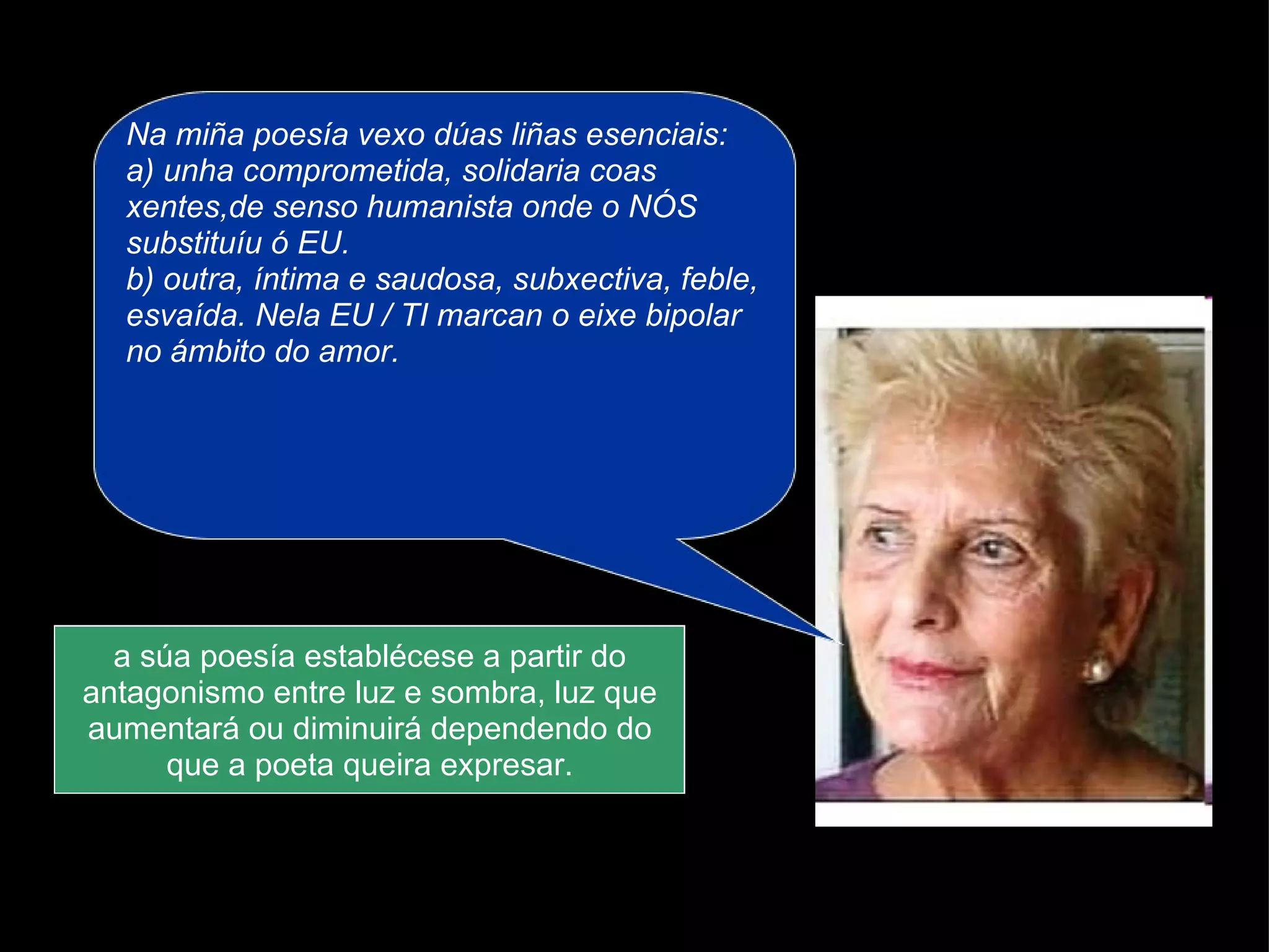 Na miña poesía vexo dúas liñas esenciais: a) unha comprometida, solidaria coas xentes,de senso humanista onde o NÓS substituíu ó EU. b) outra, íntima e saudosa, subxectiva, feble, esvaída. Nela EU / TI marcan o eixe bipolar no ámbito do amor. a súa poesía establécese a partir do antagonismo entre luz e sombra, luz que aumentará ou diminuirá dependendo do que a poeta queira expresar. 