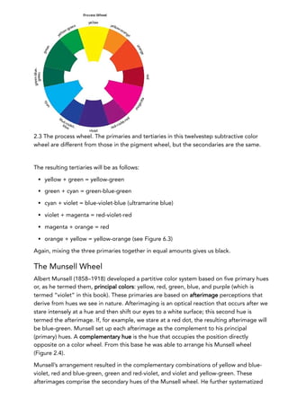 2.3 The process wheel. The primaries and tertiaries in this twelvestep subtractive color
wheel are different from those in the pigment wheel, but the secondaries are the same.
The resulting tertiaries will be as follows:
yellow + green = yellow-green
green + cyan = green-blue-green
cyan + violet = blue-violet-blue (ultramarine blue)
violet + magenta = red-violet-red
magenta + orange = red
orange + yellow = yellow-orange (see Figure 6.3)
Again, mixing the three primaries together in equal amounts gives us black.
The Munsell Wheel
Albert Munsell (1858–1918) developed a partitive color system based on five primary hues
or, as he termed them, principal colors: yellow, red, green, blue, and purple (which is
termed “violet” in this book). These primaries are based on afterimage perceptions that
derive from hues we see in nature. Afterimaging is an optical reaction that occurs after we
stare intensely at a hue and then shift our eyes to a white surface; this second hue is
termed the afterimage. If, for example, we stare at a red dot, the resulting afterimage will
be blue-green. Munsell set up each afterimage as the complement to his principal
(primary) hues. A complementary hue is the hue that occupies the position directly
opposite on a color wheel. From this base he was able to arrange his Munsell wheel
(Figure 2.4).
Munsell’s arrangement resulted in the complementary combinations of yellow and blue-
violet, red and blue-green, green and red-violet, and violet and yellow-green. These
afterimages comprise the secondary hues of the Munsell wheel. He further systematized
 