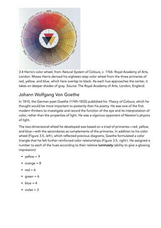 3.4 Harris’s color wheel, from Natural System of Colours, c. 1766. Royal Academy of Arts,
London. Moses Harris derived his eighteen-step color wheel from the three primaries of
red, yellow, and blue, which here overlap to black. As each hue approaches the center, it
takes on deeper shades of gray. Source: The Royal Academy of Arts, London, England.
Johann Wolfgang Von Goethe
In 1810, the German poet Goethe (1749–1832) published his Theory of Colours, which he
thought would be more important to posterity than his poetry. He was one of the first
modern thinkers to investigate and record the function of the eye and its interpretation of
color, rather than the properties of light. He was a vigorous opponent of Newton’s physics
of light.
The two-dimensional wheel he developed was based on a triad of primaries—red, yellow,
and blue—with the secondaries as complements of the primaries. In addition to his color
wheel (Figure 3.5, left ), which reflected previous diagrams, Goethe formulated a color
triangle that he felt further reinforced color relationships (Figure 3.5, right ). He assigned a
number to each of the hues according to their relative luminosity (ability to give a glowing
impression):
yellow = 9
orange = 8
red = 6
green = 6
blue = 4
violet = 3
 