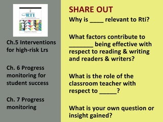 SHARE OUT
Why is ____ relevant to Rti?
What factors contribute to
_______ being effective with
respect to reading & writing
and readers & writers?
What is the role of the
classroom teacher with
respect to _____?
What is your own question or
insight gained?
Ch.5 Interventions
for high-risk Lrs
Ch. 6 Progress
monitoring for
student success
Ch. 7 Progress
monitoring
 