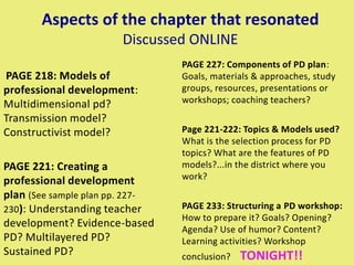 Aspects of the chapter that resonated
Discussed ONLINE
PAGE 218: Models of
professional development:
Multidimensional pd?
Transmission model?
Constructivist model?
PAGE 221: Creating a
professional development
plan (See sample plan pp. 227-
230): Understanding teacher
development? Evidence-based
PD? Multilayered PD?
Sustained PD?
PAGE 227: Components of PD plan:
Goals, materials & approaches, study
groups, resources, presentations or
workshops; coaching teachers?
Page 221-222: Topics & Models used?
What is the selection process for PD
topics? What are the features of PD
models?...in the district where you
work?
PAGE 233: Structuring a PD workshop:
How to prepare it? Goals? Opening?
Agenda? Use of humor? Content?
Learning activities? Workshop
conclusion? TONIGHT!!
 