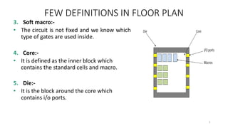 FEW DEFINITIONS IN FLOOR PLAN
3. Soft macro:-
• The circuit is not fixed and we know which
type of gates are used inside.
4. Core:-
• It is defined as the inner block which
contains the standard cells and macro.
5. Die:-
• It is the block around the core which
contains i/o ports.
5
 