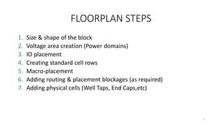 FLOORPLAN STEPS
1. Size & shape of the block
2. Voltage area creation (Power domains)
3. IO placement
4. Creating standard cell rows
5. Macro-placement
6. Adding routing & placement blockages (as required)
7. Adding physical cells (Well Taps, End Caps,etc)
9
 