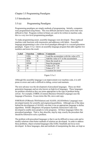 Chapter 3.5 Programming Paradigms

3.5 Introduction

3.5 (a)        Programming Paradigms
Programming paradigms are simply methods of programming. Initially, computers
were programmed using binary. This was difficult and led to many errors that were
difficult to find. Programs written in binary are said to be written in machine code,
this is a very low-level programming paradigm.

To make programming easier, assembly languages were developed. These replaced
machine code functions with mnemonics and addresses with labels. Assembly
language programming is also a low-level paradigm although it is a second generation
paradigm. Figure 3.5.a.1 shows an assembly language program that adds together two
numbers and stores the result.

   Label      Function     Address     Comments
              LDA          X           Load the accumulator with the value of X
              ADD          Y           Add the value of Y to the accumulator
              STA          Z           Store the result in Z
              STOP                     Stop the program
   X:         20                       Value of X = 20
   Y:         35                       Value of Y = 35
   Z:                                  Location for result

                                     Figure 3.5.a.1

Although this assembly language is an improvement over machine code, it is still
prone to errors and code is difficult to debug, correct and maintain.

The next advance was the development of procedural languages. These are third
generation languages and are also known as high-level languages. These languages
are problem oriented as they use terms appropriate to the type of problem being
solved. For example, COBOL (Common Business Oriented Language) uses the
language of business. It uses terms like file, move and copy.

FORTRAN (FORmula TRANslation) and ALGOL (ALGOrithmic Language) were
developed mainly for scientific and engineering problems. Although one of the ideas
behind the development of ALGOL was that it was an appropriate language to define
algorithms. BASIC (Beginners All purpose Symbolic Instruction Code) was
developed to enable more people to write programs. All these languages follow the
procedural paradigm. That is, they describe, step by step, exactly the procedure that
should be followed to solve a problem.

The problem with procedural languages is that it can be difficult to reuse code and to
modify solutions when better methods of solution are developed. In order to address
these problems, object-oriented languages (like Eiffel, Smalltalk and Java) were
developed. In these languages, data and methods of manipulating the data, are kept as



                                         4.5 - 1
 