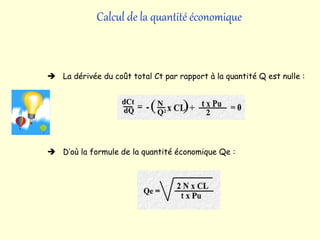  La dérivée du coût total Ct par rapport à la quantité Q est nulle :
 D’où la formule de la quantité économique Qe :
Calcul de la quantité économique
 