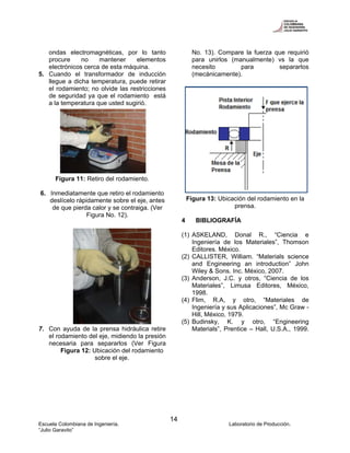 Escuela Colombiana de Ingeniería. Laboratorio de Producción.
“Julio Garavito”
14
ondas electromagnéticas, por lo tanto
procure no mantener elementos
electrónicos cerca de esta máquina.
5. Cuando el transformador de inducción
llegue a dicha temperatura, puede retirar
el rodamiento; no olvide las restricciones
de seguridad ya que el rodamiento está
a la temperatura que usted sugirió.
Figura 11: Retiro del rodamiento.
6. Inmediatamente que retiro el rodamiento
deslícelo rápidamente sobre el eje, antes
de que pierda calor y se contraiga. (Ver
Figura No. 12).
7. Con ayuda de la prensa hidráulica retire
el rodamiento del eje, midiendo la presión
necesaria para separarlos (Ver Figura
No. 13). Compare la fuerza que requirió
para unirlos (manualmente) vs la que
necesito para separarlos
(mecánicamente).
Figura 13: Ubicación del rodamiento en la
prensa.
4 BIBLIOGRAFÍA
(1) ASKELAND, Donal R., “Ciencia e
Ingeniería de los Materiales”, Thomson
Editores. México.
(2) CALLISTER, William. “Materials science
and Engineering an introduction” John
Wiley & Sons. Inc. México, 2007.
(3) Anderson, J.C. y otros, “Ciencia de los
Materiales”, Limusa Editores, México,
1998.
(4) Flim, R.A, y otro, “Materiales de
Ingeniería y sus Aplicaciones”, Mc Graw -
Hill, México, 1979.
(5) Budinsky, K. y otro, “Engineering
Materials”, Prentice – Hall, U.S.A., 1999.
Figura 12: Ubicación del rodamiento
sobre el eje.
 