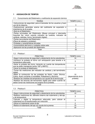 Escuela Colombiana de Ingeniería. Laboratorio de Producción.
“Julio Garavito”
4
1 ASIGNACIÓN DE TIEMPOS
1.1 Conocimiento del Dilatómetro y coeficiente de expansión térmico
1.2 Práctica I
1.3 Práctica II
TEORIA TIEMPO (min.)
-Instrucciones de seguridad, para el bienestar de los usuarios y buen
uso de la máquina. 3
-Explicaciones generales acerca del coeficiente de expansión e
importancia de la prueba. 8
-Qué es el Dilatómetro. 1
-Partes principales del Dilatómetro (Bases principal e intermedia,
Soportes fijo, móvil, soporte indicador de carátula, indicador de
carátula, resortes, horno, termómetro digital). 3
-Partes secundarias del Dilatómetro
(Placa de asbesto y probetas). 3
-Probetas y características de estas. 5
-Conocimiento del horno y cuidados sobre este. 2
-Aplicación de las pruebas del dilatómetro 5
Total 30
PRÁCTICA TIEMPO (min)
-Seguir instrucciones de seguridad y alistamiento de los estudiantes. 10
-Introducir la probeta al horno con anticipación para tenerla a la
temperatura adecuada.
3
-Sacar la probeta del horno, teniendo en cuenta las temperaturas
que se están manejando (entre 100º y 800ºC).
5
-Llevar la probeta al dilatómetro. 2
-Tomar las mediciones del indicador de carátula y del termómetro
digital.
10
(dependiendo de la
probeta)
-Medir la contracción de las probetas de Nylon, Latón, Bronce,
Cobre, Acero corriente e inoxidable, Poliestireno y Aluminio.
-Realizar las medidas de temperatura con ayuda de la termocupla.
-Realizar las lecturas del termómetro digital para saber cuando se
deben tomar las mediciones de longitud de la probeta.
Total 30
PRÁCTICA TIEMPO (min)
-Seguir instrucciones de seguridad y alistamiento de los estudiantes. 10
-Realizar mediciones de: diámetro externo del rodamiento y del eje,
y de temperatura
3
-Calcular y digitar la temperatura adecuada, para colocar el
rodamiento en el transformador por inducción.
5
-Ubicar el rodamiento sobre el eje. 2
-Retirar el rodamiento del eje con ayuda de la prensa. 10
Total 30
 