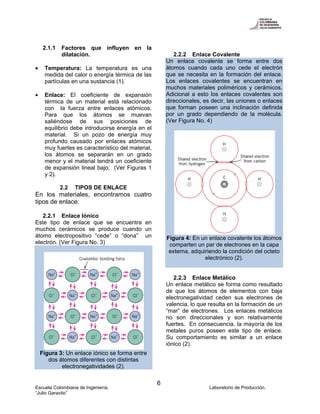 Escuela Colombiana de Ingeniería. Laboratorio de Producción.
“Julio Garavito”
6
2.1.1 Factores que influyen en la
dilatación.
• Temperatura: La temperatura es una
medida del calor o energía térmica de las
partículas en una sustancia (1).
• Enlace: El coeficiente de expansión
térmica de un material está relacionado
con la fuerza entre enlaces atómicos.
Para que los átomos se muevan
saliéndose de sus posiciones de
equilibrio debe introducirse energía en el
material. Si un pozo de energía muy
profundo causado por enlaces atómicos
muy fuertes es característico del material,
los átomos se separarán en un grado
menor y el material tendrá un coeficiente
de expansión lineal bajo. (Ver Figuras 1
y 2).
2.2 TIPOS DE ENLACE
En los materiales, encontramos cuatro
tipos de enlace:
2.2.1 Enlace Iónico
Este tipo de enlace que se encuentra en
muchos cerámicos se produce cuando un
átomo electropositivo “cede” o “dona” un
electrón. (Ver Figura No. 3)
Figura 3: Un enlace iónico se forma entre
dos átomos diferentes con distintas
electronegatividades (2).
2.2.2 Enlace Covalente
Un enlace covalente se forma entre dos
átomos cuando cada uno cede el electrón
que se necesita en la formación del enlace.
Los enlaces covalentes se encuentran en
muchos materiales poliméricos y cerámicos.
Adicional a esto los enlaces covalentes son
direccionales, es decir, las uniones o enlaces
que forman poseen una inclinación definida
por un grado dependiendo de la molécula.
(Ver Figura No. 4)
Figura 4: En un enlace covalente los átomos
comparten un par de electrones en la capa
externa, adquiriendo la condición del octeto
electrónico (2).
2.2.3 Enlace Metálico
Un enlace metálico se forma como resultado
de que los átomos de elementos con baja
electronegatividad ceden sus electrones de
valencia, lo que resulta en la formación de un
“mar” de electrones. Los enlaces metálicos
no son direccionales y son relativamente
fuertes. En consecuencia, la mayoría de los
metales puros poseen este tipo de enlace.
Su comportamiento es similar a un enlace
iónico (2).
 