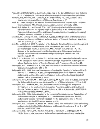 20
Poole, J.D., and Steltenpohl, M.G., 2013, Geologic map of the 1:24,000 Jacksons Gap, Alabama,
U.S.G.S. Topographic Quadrangle: Alabama Geological Survey Open-File Special Map.
Raymond, D.E., Osborne, W.E., Copeland, C.W., and Neathery, T.L., 1988, Alabama 1255
Stratigraphy: Geological Survey of Alabama, Tuscaloosa, p. 97.
Reed, A.S., 1994, Geology of the western portion of the Dadeville 7.5’ Quadrangle, Tallapoosa
County, Alabama [M.S. thesis]: Auburn, Alabama, Auburn University, p.108.
Russell, G.S., Odom, A.L., and Russell, C.W., 1987, Uranium-lead and rubidium-strontium
isotopic evidence for the age and origin of granitic rocks in the northern Alabama
Piedmont, in Drummond, M.S., and Green, N.L., eds., Granites in Alabama, Geological
Survey of Alabama, Tuscaloosa, p. 239-250.
Saunders, J.A., Steltenpohl, M.G., and Cook, R.B., 2013, Gold Exploration and Potential of the
Appalachian Piedmont of Eastern Alabama: Society of Economic Geologists Newsletter,
July, 2013, no. 94, p. 1; 12-17.
Seal, T.L., and Kish, S.A, 1990, The geology of the Dadeville Complex of the western Georgia and
eastern Alabama Inner Piedmont: Initial petrographic, geochemical, and
geochronological results, in Steltenpohl, M.G., Neilson, M.J., and Kish, S.A., eds.,
Geology of the southernmost Inner Piedmont terrrane, Alabama and southwest
Georgia: Southeastern Section of the Geological Society of America Field Trip
Guidebook, p. 65-77.
Stahr, D.W., III, Hatcher, R.D., Jr., Miller, C.F., and Wooden, J.L., 2006, Alleghanian deformation
in the Georgia and North Carolina eastern Blue Ridge: Insights from pluton ages and
fabrics: Geological Society of America Abstracts with Programs, v. 38, no. 3, p. 20.
Steltenpohl, M.G., and Moore, W.B., 1988, Metamorphism in the Alabama Piedmont: Alabama
Geological Survey Circular 138, p. 29.
Steltenpohl, M.G., 1990, Structural development of the Opelika Complex, in Steltenpohl, M.G.,
Neilson, M.J., and Kish, S.A, eds., Geology of the southern Inner Piedmont terrane,
Alabama and southwest Georgia: Southeastern Section of the Geological Society of
America Field Trip Guidebook, p. 29-42.
Steltenpohl, M. G., Neilson, M. J., Bittner, E. I., Colberg, M. R., and Cook, R. B., 1990, Geology of
the Alabama Piedmont terrane: Geological Survey of Alabama Bulletin, v. 139, p. 1-80.
Steltenpohl, M.G., and Kunk, M.J., 1993, 40Ar/39Ar thermochronology and Alleghanian
development of the southernmost Appalachian Piedmont, Alabama and southwest
Georgia: Geological Society of America Bulletin, v. 105, p. 819–833, doi:10.1130/0016-
7606 (1993)105<0819:AATAAD>2.3.CO;2.
Steltenpohl, M.G., 2005, An introduction to the terranes of the southernmost Appalachians of
Alabama and Georgia, in Steltenpohl, M.G., Southernmost Appalachian terranes,
Alabama and Georgia: Field trip Guidebook for the Geological Society of America
Southeastern Section 2005 Annual Meeting, p.1-18.
Steltenpohl, M.G., Schwartz, J.J., Miller, B.V., 2013a, Late to post-Appalachian strain partitioning
and extension in the Blue Ridge of Alabama and Georgia: Geosphere, v. 9; no. 3, p. 647-
666, doi:10.1130/GES00738.1
Steltenpohl, M.G., Horton, J.W., Hatcher, R.D., Zietz, I., Daniels, D. L., and Higgins, M. W.,
2013b, Upper crustal structure of Alabama from regional magnetic and gravity data:
 