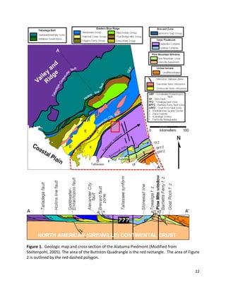 22
Figure 1. Geologic map and cross section of the Alabama Piedmont (Modified from
Steltenpohl, 2005). The area of the Buttston Quadrangle is the red rectangle. The area of Figure
2 is outlined by the red-dashed polygon.
 
