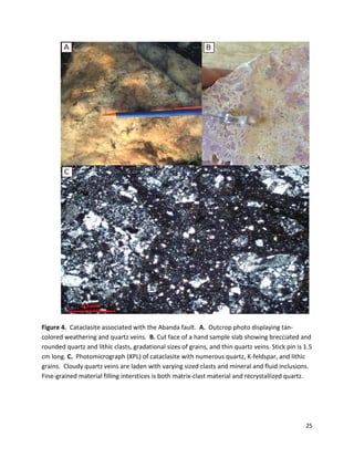 25
Figure 4. Cataclasite associated with the Abanda fault. A. Outcrop photo displaying tan-
colored weathering and quartz veins. B. Cut face of a hand sample slab showing brecciated and
rounded quartz and lithic clasts, gradational sizes of grains, and thin quartz veins. Stick pin is 1.5
cm long. C. Photomicrograph (XPL) of cataclasite with numerous quartz, K-feldspar, and lithic
grains. Cloudy quartz veins are laden with varying sized clasts and mineral and fluid inclusions.
Fine-grained material filling interstices is both matrix-clast material and recrystallized quartz.
 