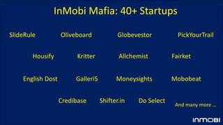 SlideRule Oliveboard Globevestor PickYourTrail
Housify Kritter Allchemist Fairket
English Dost Galleri5 Moneysights Mobobeat
Credibase Shifter.in Do Select
And many more …
InMobi Mafia: 40+ Startups
 