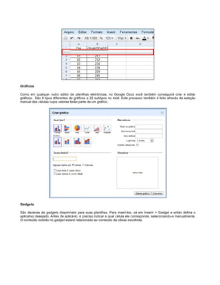 Gráficos
Como em qualquer outro editor de planilhas eletrônicas, no Google Docs você também conseguirá criar e editar
gráficos. São 6 tipos diferentes de gráficos e 22 subtipos no total. Este processo também é feito através da seleção
manual das células cujos valores farão parte de um gráfico.

Gadgets
São dezenas de gadgets disponíveis para suas planilhas. Para inseri-los, vá em Inserir > Gadget e então defina o
aplicativo desejado. Antes de aplicá-lo, é preciso indicar a qual célula ele corresponde, selecionando-a manualmente.
O conteúdo exibido no gadget estará relacionado ao conteúdo da célula escolhida.

 