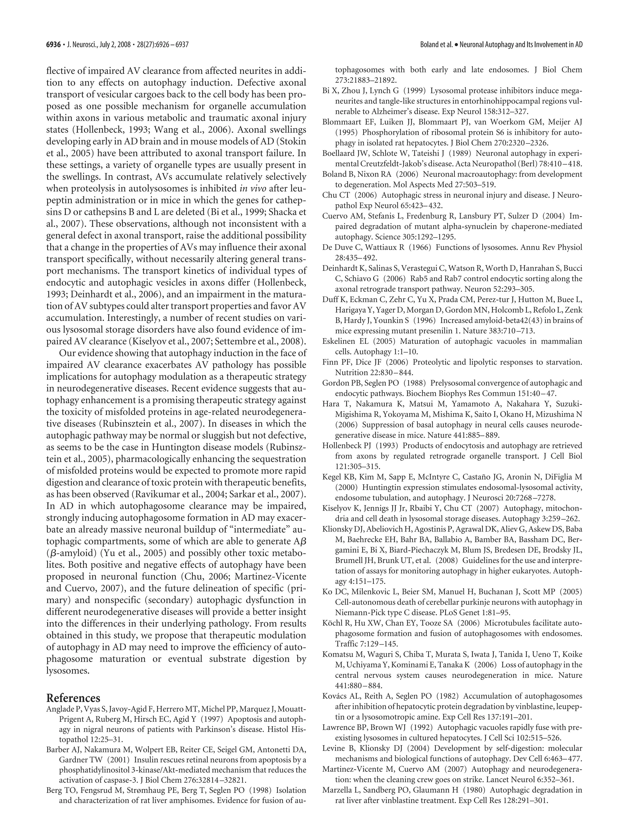 6936 • J. Neurosci., July 2, 2008 • 28(27):6926 – 6937                                                     Boland et al. • Neuronal Autophagy and Its Involvement in AD


flective of impaired AV clearance from affected neurites in addi-                 tophagosomes with both early and late endosomes. J Biol Chem
tion to any effects on autophagy induction. Defective axonal                      273:21883–21892.
transport of vesicular cargoes back to the cell body has been pro-            Bi X, Zhou J, Lynch G (1999) Lysosomal protease inhibitors induce mega-
                                                                                  neurites and tangle-like structures in entorhinohippocampal regions vul-
posed as one possible mechanism for organelle accumulation                        nerable to Alzheimer’s disease. Exp Neurol 158:312–327.
within axons in various metabolic and traumatic axonal injury                 Blommaart EF, Luiken JJ, Blommaart PJ, van Woerkom GM, Meijer AJ
states (Hollenbeck, 1993; Wang et al., 2006). Axonal swellings                    (1995) Phosphorylation of ribosomal protein S6 is inhibitory for auto-
developing early in AD brain and in mouse models of AD (Stokin                    phagy in isolated rat hepatocytes. J Biol Chem 270:2320 –2326.
et al., 2005) have been attributed to axonal transport failure. In            Boellaard JW, Schlote W, Tateishi J (1989) Neuronal autophagy in experi-
these settings, a variety of organelle types are usually present in               mental Creutzfeldt-Jakob’s disease. Acta Neuropathol (Berl) 78:410 – 418.
the swellings. In contrast, AVs accumulate relatively selectively             Boland B, Nixon RA (2006) Neuronal macroautophagy: from development
when proteolysis in autolysosomes is inhibited in vivo after leu-                 to degeneration. Mol Aspects Med 27:503–519.
                                                                              Chu CT (2006) Autophagic stress in neuronal injury and disease. J Neuro-
peptin administration or in mice in which the genes for cathep-                   pathol Exp Neurol 65:423– 432.
sins D or cathepsins B and L are deleted (Bi et al., 1999; Shacka et          Cuervo AM, Stefanis L, Fredenburg R, Lansbury PT, Sulzer D (2004) Im-
al., 2007). These observations, although not inconsistent with a                  paired degradation of mutant alpha-synuclein by chaperone-mediated
general defect in axonal transport, raise the additional possibility              autophagy. Science 305:1292–1295.
that a change in the properties of AVs may influence their axonal             De Duve C, Wattiaux R (1966) Functions of lysosomes. Annu Rev Physiol
transport specifically, without necessarily altering general trans-               28:435– 492.
port mechanisms. The transport kinetics of individual types of                Deinhardt K, Salinas S, Verastegui C, Watson R, Worth D, Hanrahan S, Bucci
                                                                                  C, Schiavo G (2006) Rab5 and Rab7 control endocytic sorting along the
endocytic and autophagic vesicles in axons differ (Hollenbeck,
                                                                                  axonal retrograde transport pathway. Neuron 52:293–305.
1993; Deinhardt et al., 2006), and an impairment in the matura-               Duff K, Eckman C, Zehr C, Yu X, Prada CM, Perez-tur J, Hutton M, Buee L,
tion of AV subtypes could alter transport properties and favor AV                 Harigaya Y, Yager D, Morgan D, Gordon MN, Holcomb L, Refolo L, Zenk
accumulation. Interestingly, a number of recent studies on vari-                  B, Hardy J, Younkin S (1996) Increased amyloid-beta42(43) in brains of
ous lysosomal storage disorders have also found evidence of im-                   mice expressing mutant presenilin 1. Nature 383:710 –713.
paired AV clearance (Kiselyov et al., 2007; Settembre et al., 2008).          Eskelinen EL (2005) Maturation of autophagic vacuoles in mammalian
    Our evidence showing that autophagy induction in the face of                  cells. Autophagy 1:1–10.
impaired AV clearance exacerbates AV pathology has possible                   Finn PF, Dice JF (2006) Proteolytic and lipolytic responses to starvation.
                                                                                  Nutrition 22:830 – 844.
implications for autophagy modulation as a therapeutic strategy
                                                                              Gordon PB, Seglen PO (1988) Prelysosomal convergence of autophagic and
in neurodegenerative diseases. Recent evidence suggests that au-                  endocytic pathways. Biochem Biophys Res Commun 151:40 – 47.
tophagy enhancement is a promising therapeutic strategy against               Hara T, Nakamura K, Matsui M, Yamamoto A, Nakahara Y, Suzuki-
the toxicity of misfolded proteins in age-related neurodegenera-                  Migishima R, Yokoyama M, Mishima K, Saito I, Okano H, Mizushima N
tive diseases (Rubinsztein et al., 2007). In diseases in which the                (2006) Suppression of basal autophagy in neural cells causes neurode-
autophagic pathway may be normal or sluggish but not defective,                   generative disease in mice. Nature 441:885– 889.
as seems to be the case in Huntington disease models (Rubinsz-                Hollenbeck PJ (1993) Products of endocytosis and autophagy are retrieved
tein et al., 2005), pharmacologically enhancing the sequestration                 from axons by regulated retrograde organelle transport. J Cell Biol
                                                                                  121:305–315.
of misfolded proteins would be expected to promote more rapid
                                                                              Kegel KB, Kim M, Sapp E, McIntyre C, Castano JG, Aronin N, DiFiglia M
                                                                                                                               ˜
digestion and clearance of toxic protein with therapeutic benefits,               (2000) Huntingtin expression stimulates endosomal-lysosomal activity,
as has been observed (Ravikumar et al., 2004; Sarkar et al., 2007).               endosome tubulation, and autophagy. J Neurosci 20:7268 –7278.
In AD in which autophagosome clearance may be impaired,                       Kiselyov K, Jennigs JJ Jr, Rbaibi Y, Chu CT (2007) Autophagy, mitochon-
strongly inducing autophagosome formation in AD may exacer-                       dria and cell death in lysosomal storage diseases. Autophagy 3:259 –262.
bate an already massive neuronal buildup of “intermediate” au-                Klionsky DJ, Abeliovich H, Agostinis P, Agrawal DK, Aliev G, Askew DS, Baba
tophagic compartments, some of which are able to generate A␤                      M, Baehrecke EH, Bahr BA, Ballabio A, Bamber BA, Bassham DC, Ber-
(␤-amyloid) (Yu et al., 2005) and possibly other toxic metabo-                    gamini E, Bi X, Biard-Piechaczyk M, Blum JS, Bredesen DE, Brodsky JL,
                                                                                  Brumell JH, Brunk UT, et al. (2008) Guidelines for the use and interpre-
lites. Both positive and negative effects of autophagy have been
                                                                                  tation of assays for monitoring autophagy in higher eukaryotes. Autoph-
proposed in neuronal function (Chu, 2006; Martinez-Vicente                        agy 4:151–175.
and Cuervo, 2007), and the future delineation of specific (pri-               Ko DC, Milenkovic L, Beier SM, Manuel H, Buchanan J, Scott MP (2005)
mary) and nonspecific (secondary) autophagic dysfunction in                       Cell-autonomous death of cerebellar purkinje neurons with autophagy in
different neurodegenerative diseases will provide a better insight                Niemann-Pick type C disease. PLoS Genet 1:81–95.
into the differences in their underlying pathology. From results              Kochl R, Hu XW, Chan EY, Tooze SA (2006) Microtubules facilitate auto-
                                                                                ¨
obtained in this study, we propose that therapeutic modulation                    phagosome formation and fusion of autophagosomes with endosomes.
of autophagy in AD may need to improve the efficiency of auto-                    Traffic 7:129 –145.
                                                                              Komatsu M, Waguri S, Chiba T, Murata S, Iwata J, Tanida I, Ueno T, Koike
phagosome maturation or eventual substrate digestion by
                                                                                  M, Uchiyama Y, Kominami E, Tanaka K (2006) Loss of autophagy in the
lysosomes.                                                                        central nervous system causes neurodegeneration in mice. Nature
                                                                                  441:880 – 884.
References                                                                    Kovacs AL, Reith A, Seglen PO (1982) Accumulation of autophagosomes
                                                                                   ´
Anglade P, Vyas S, Javoy-Agid F, Herrero MT, Michel PP, Marquez J, Mouatt-        after inhibition of hepatocytic protein degradation by vinblastine, leupep-
   Prigent A, Ruberg M, Hirsch EC, Agid Y (1997) Apoptosis and autoph-            tin or a lysosomotropic amine. Exp Cell Res 137:191–201.
   agy in nigral neurons of patients with Parkinson’s disease. Histol His-    Lawrence BP, Brown WJ (1992) Autophagic vacuoles rapidly fuse with pre-
   topathol 12:25–31.                                                             existing lysosomes in cultured hepatocytes. J Cell Sci 102:515–526.
Barber AJ, Nakamura M, Wolpert EB, Reiter CE, Seigel GM, Antonetti DA,        Levine B, Klionsky DJ (2004) Development by self-digestion: molecular
   Gardner TW (2001) Insulin rescues retinal neurons from apoptosis by a          mechanisms and biological functions of autophagy. Dev Cell 6:463– 477.
   phosphatidylinositol 3-kinase/Akt-mediated mechanism that reduces the      Martinez-Vicente M, Cuervo AM (2007) Autophagy and neurodegenera-
   activation of caspase-3. J Biol Chem 276:32814 –32821.                         tion: when the cleaning crew goes on strike. Lancet Neurol 6:352–361.
Berg TO, Fengsrud M, Strømhaug PE, Berg T, Seglen PO (1998) Isolation         Marzella L, Sandberg PO, Glaumann H (1980) Autophagic degradation in
   and characterization of rat liver amphisomes. Evidence for fusion of au-       rat liver after vinblastine treatment. Exp Cell Res 128:291–301.
 