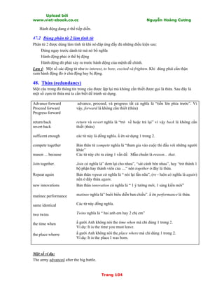Upload bởi
www.viet-ebook.co.cc Nguyễn Hoàng Cương
Trang 104
Hành động đang ở thể tiếp diễn.
47.2 Dùng phân từ 2 làm tính từ
Phân từ 2 được dùng làm tính từ khi nó đáp ứng đầy đủ những điều kiện sau:
Đứng ngay trước danh từ mà nó bổ nghĩa
Hành động phải ở thể bị động
Hành động đó phải xảy ra trước hành động của mệnh đề chính.
Lưu ý: Một số các động từ như to interest, to bore, excited và frighten. Khi dùng phải cNn thận
xem hành động đó ở chủ động hay bị động.
48. Thừa (redundancy)
Một câu trong đó thông tin trong câu được lặp lại mà không cần thiết được gọi là thừa. Sau đây là
một số cụm từ thừa mà ta cần biết để tránh sử dụng.
Advance forward
Proceed forward
Progress forward
return back
revert back
sufficent enough
compete together
reason ... because
Join together.
Repeat again
new innovations
matinee performance
same identical
two twins
the time when
the place wherre
advance, proceed, và progress tất cả nghĩa là “tiến lên phía trước”. Vì
vậy, forward là không cần thiết (thừa)
return và revert nghĩa là “trở về hoặc trả lại” vì vậy back là không cần
thiết (thừa)
các từ này là đồng nghĩa. N ên sử dụng 1 trong 2.
Bản thân từ compete nghĩa là “tham gia vào cuộc thi đấu với những người
khác”
Các từ này chỉ ra cùng 1 vấn đề. Mẫu chuNn là reason... that.
Join có nghĩa là” đem lại cho nhau”, “sát cánh bên nhau”, hay “trở thành 1
bộ phận hay thành viên của ....“ nên together ở đây là thừa.
Bản thân repeat có nghĩa là “ nói lại lần nữa”, (re - luôn có nghĩa là again)
nên ở đây thừa again.
Bản thân innovation có nghĩa là “ 1 ý tưởng mới, 1 sáng kiến mới”
matinee nghĩa là” buổi biểu diễn ban chiều”. N ên performance là thừa.
Các từ này đồng nghĩa.
Twins nghĩa là “ hai anh em hay 2 chị em”
N gười Anh không nói the time when mà chỉ dùng 1 trong 2.
Ví dụ: It is the time you must leave.
N gười Anh không nói the place where mà chỉ dùng 1 trong 2.
Ví dụ: It is the place I was born.
Một số ví dụ:
The army advanced after the big battle.
 