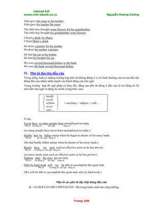 Upload bởi
www.viet-ebook.co.cc Nguyễn Hoàng Cương
Trang 108
John gave the essay to his teacher.
John gave his teacher the essay.
The little boy brought some flowers for his grandmother.
The little boy brought his grandmother some flowers.
I fixed a drink for Maria.
I fixed Maria a drink.
He drew a picture for his mother.
He drew his mother a picture.
He lent his car to his bother.
He lent his brother his car.
We owe several thousand dollars to the bank.
We owe the bank several thousand dollars.
51. Phó từ đảo lên đầu câu
Trong tiếng Anh có những trường hợp phó từ không đứng ở vị trí bình thường của nó mà đảo lên
đứng đầu câu nhằm nhấn mạnh vào hành động của chủ ngữ.
Trong trường hợp đó ngữ pháp có thay đổi, đằng sau phó từ đứng ở đầu câu là trợ động từ rồi
mới đến chủ ngữ và động từ chính (công thức sau).
hardly
rarely
seldom + auxiliary + subject + verb ...
never
only ...
Ví dụ :
N ever have so many people been unemployed as today.
Phó từ trợ động từ chủ ngữ động từ
(so many people have never been unemployed as today.)
Hardly had he fallen asleep when he began to dream of far-away lands.
Phó từ tđt chủ ngữ động từ
(He had hardly fallen asleep when he dream of far-away lands.)
Rarely have we seen such an effective actor as he has proven.
Phó từ trợ động từ chủ ngữ động từ
(we have rarely seen such an effective actor as he has proven.)
Seldom does the class let out early.
Phó từ trợ động từ chủ ngữ động từ
Only by hard work will we be able to accomplish this great task.
Phó từ trợ động từ chủ ngữ động từ
(We will be able to accomplish this great task only by hard work.)
Một số các phó từ đặc biệt đứng đầu câu
IN / UN DER N O CIRCUMSTAN CES : Dù trong hoàn cảnh nào cũng không.
 